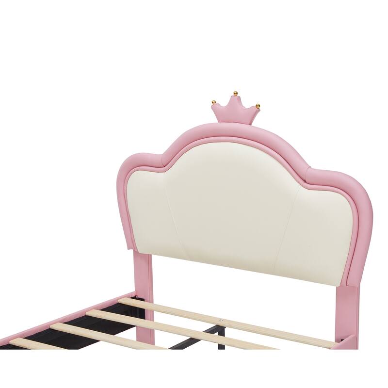 Twin Size Princess Bed with Crown Headboard, PU Upholstered Platform Bed, Bed Frame with Storage Pocket, Pink