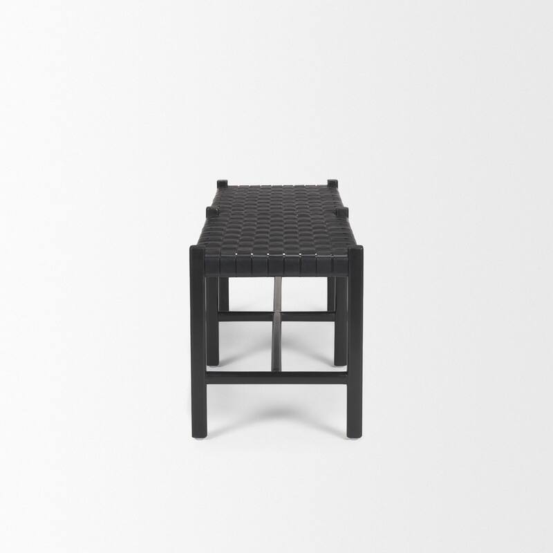 Shane Black Wood w/ Woven Black Leather Bench - 52.0L x 16.5W x 18.8H