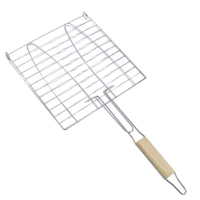 Wooden Handle Metal Mesh Fish Meat Barbecue Grill Grilling Folder Clip Clamp - 19" x 9.3" x 0.6"(L*W*T)