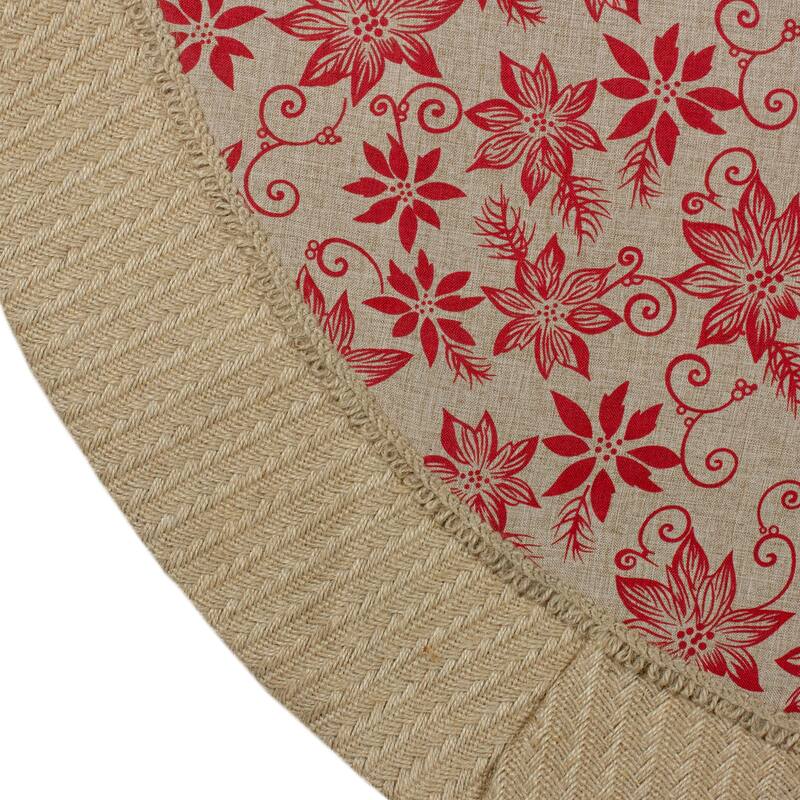48" Tan and Red Rustic Burlap Poinsettia Christmas Tree Skirt - 48