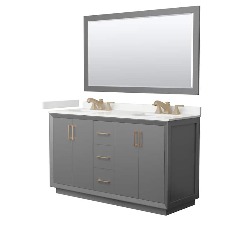 Strada 60-inch Double Vanity, Quartz Top, 58-inch Mirror - Dark Gray, Bronze Trim, White Quartz Top