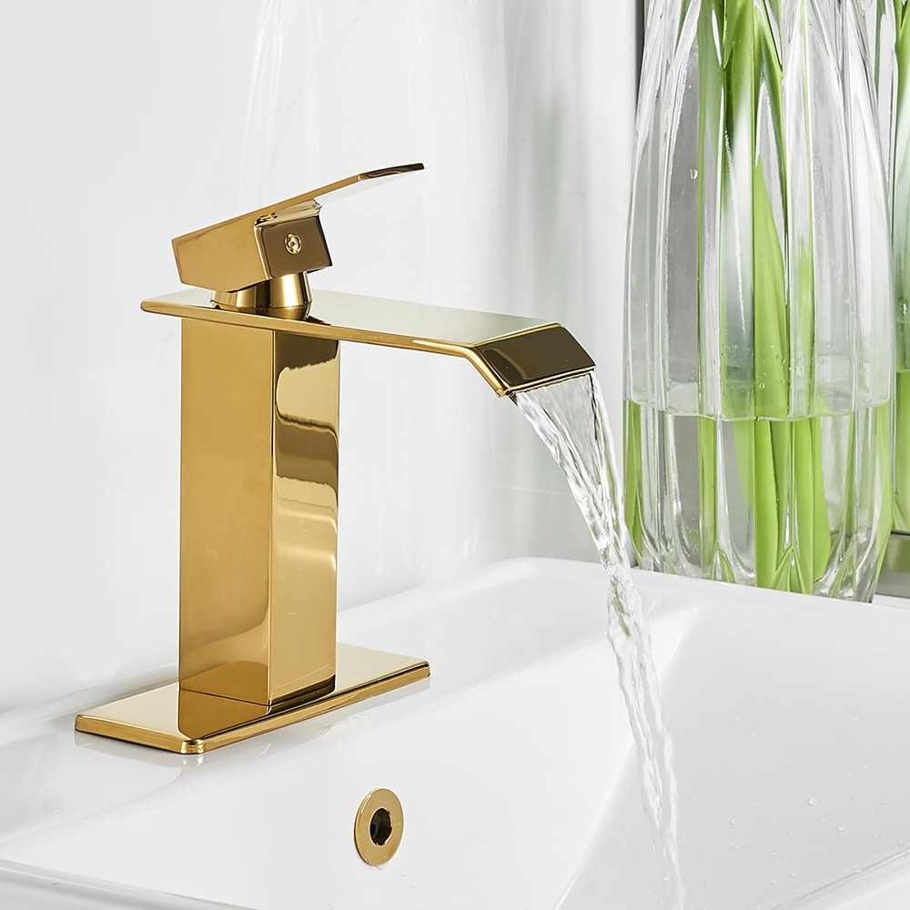 Gold Waterfall Bathroom Sink Faucet with Drain