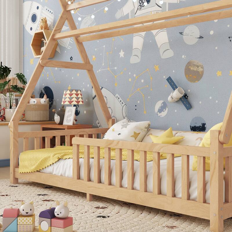 Twin House Bed with Light, Low Floor Design, Fence and Roof for Kids, Natural Finish