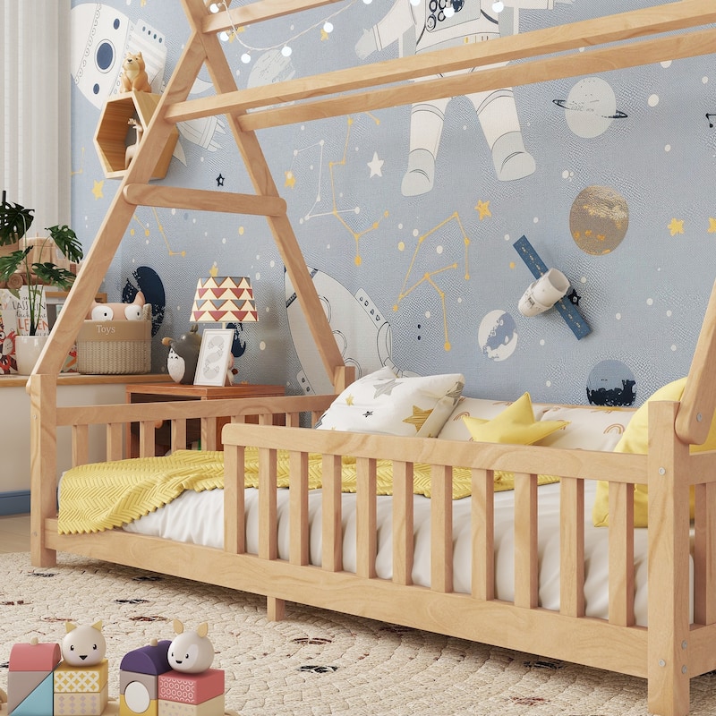 Twin House Bed with Light, Low Floor House Bed with Fence and Roof for Kids Boys Girls