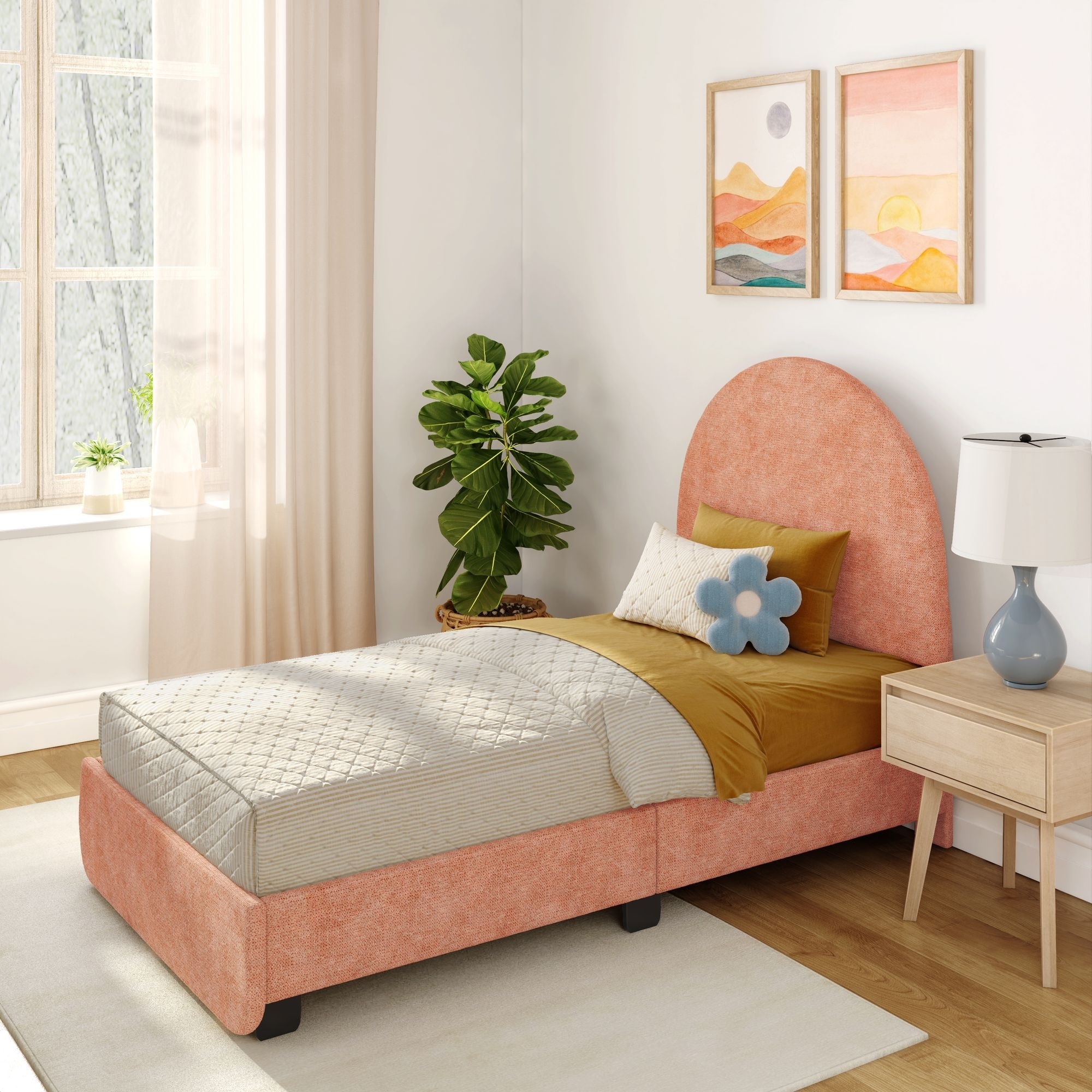 Max & Lily Twin Upholstered Platform Bed with Arched Headboard