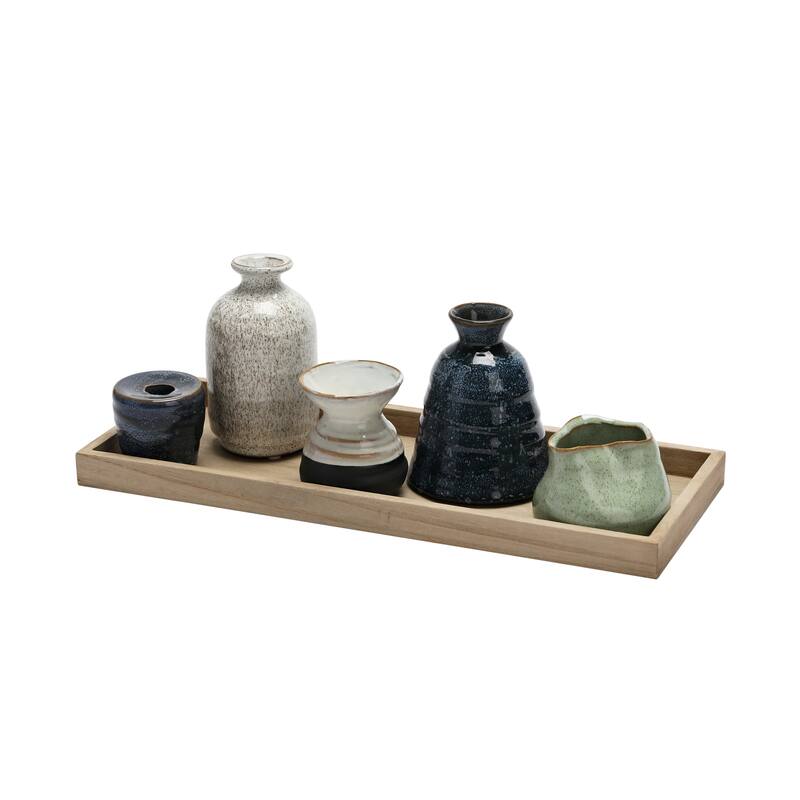 Mango Wood Tray with Candle Holders and Vases