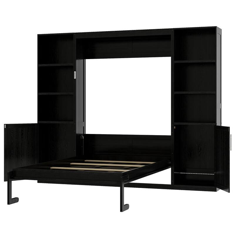 Multi-Functional Queen Size Wooden Murphy Bed with Storage Shelves and Cabinets by Harper&Bright Designs