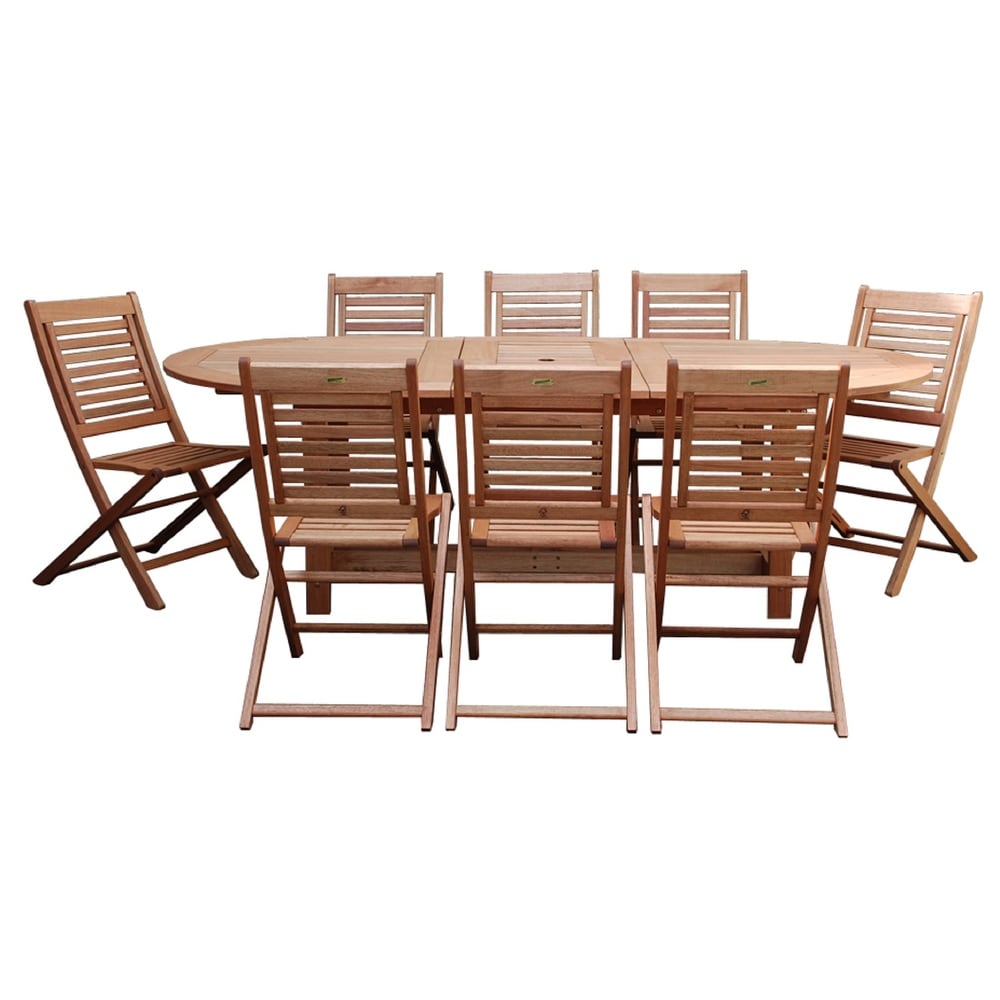 ia Milano 9-Piece Outdoor Extendable Dining Table Set Eucalyptus Wood Ideal for Patio and Indoors 