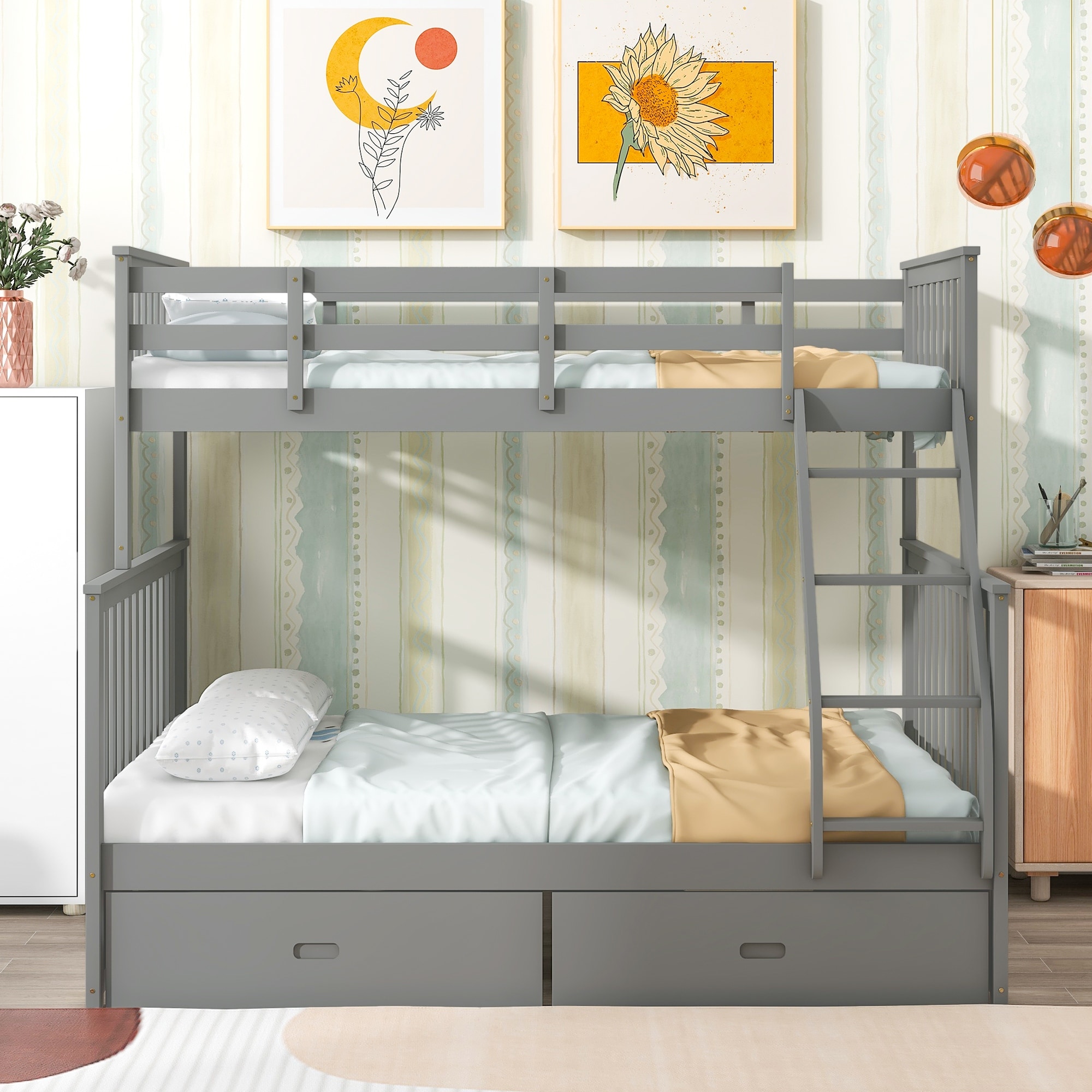 Twin Over Full Bunk Bed with Storage Drawers, Wooden Bunk Bed with Ladder and Safety Guard Rails -Gray