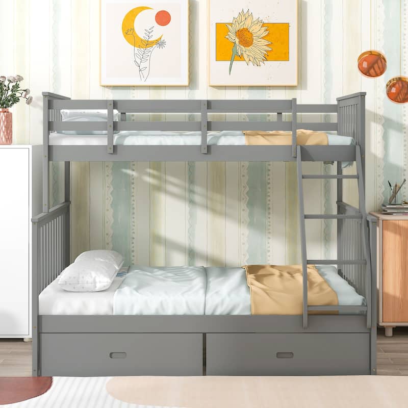Twin Over Full Wooden Bunk Bed with Storage Drawers, Ladder, and Guardrails, Space-Saving for Kids' Rooms - Grey