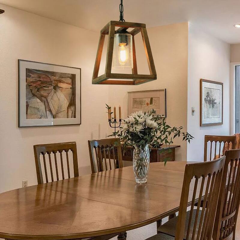 Anmytek Pendant Light Farmhouse Kitchen Wood Chandelier Rustic Hanging Ceiling Light Fixture