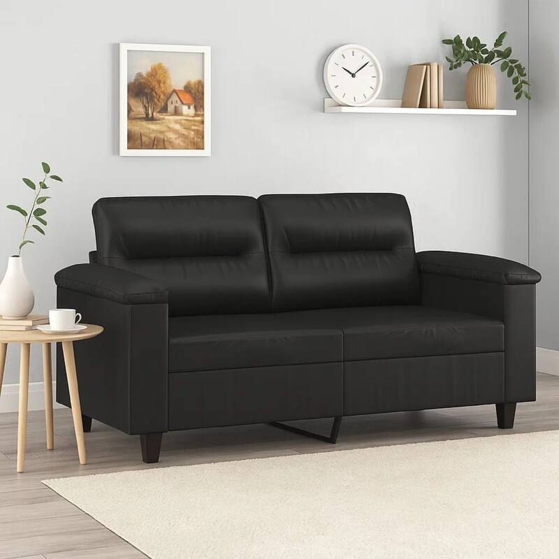 2 Seater Sofa, Black Faux Leather, Tufted Cushions, Steel, 59 Inch