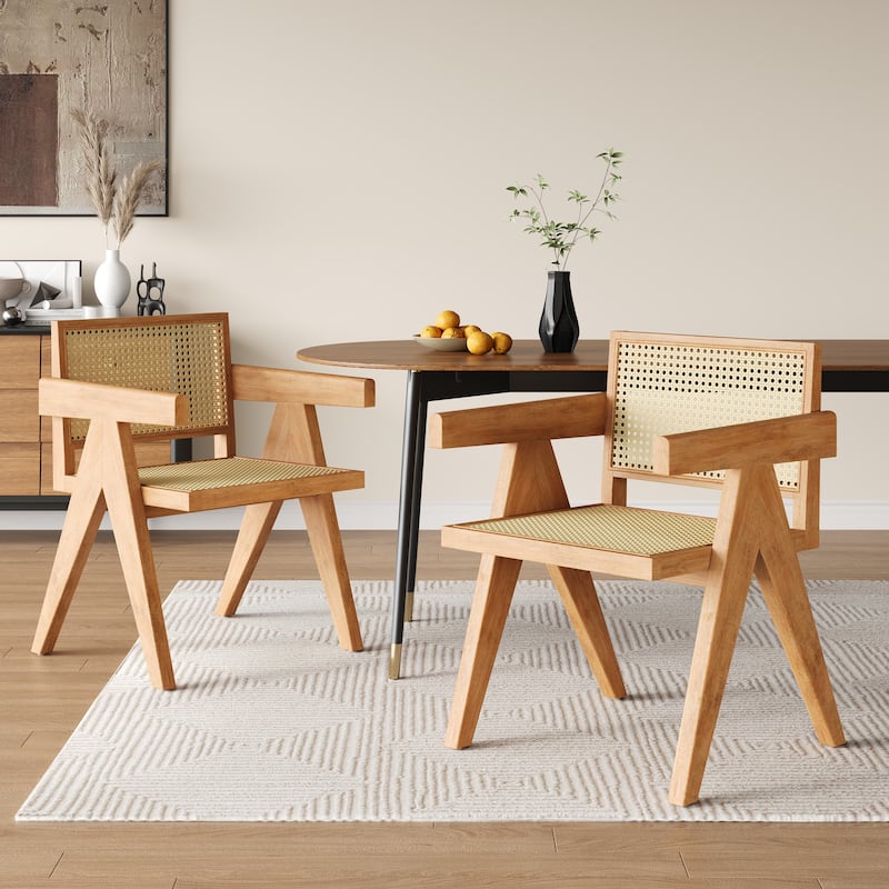 2-Piece Dining Room Arm Chairs Set with Square Rattan Backrest - Natural