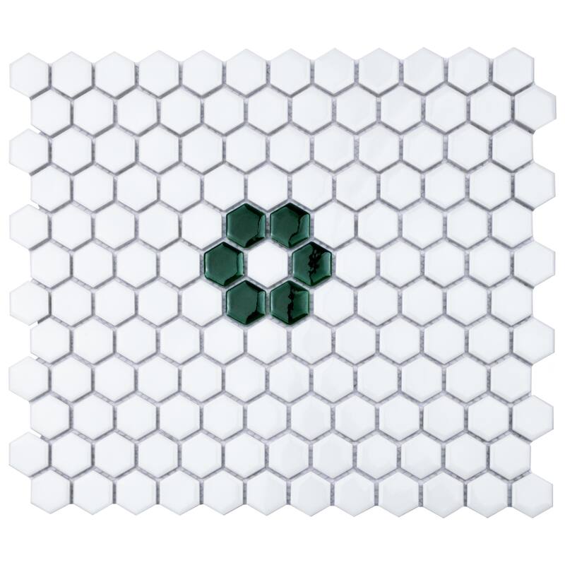 Merola Tile Metro Ion 1" Hex Emerald Single Flower w/Glossy White Porcelain Mosaic Floor & Wall Tile