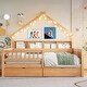 preview thumbnail 5 of 8, Wood Full Size House Platform Bed with LED, Storage Shelves, Drawers, and Guardrail