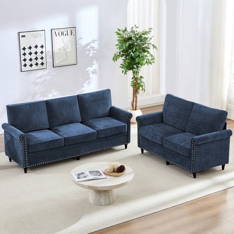 Mixoy 2 Piece Living Room Sofa Set with Riveted Design,Chenille Nailhead W76''3-Seater Sofa Couch with W53''Loveseat Sofa