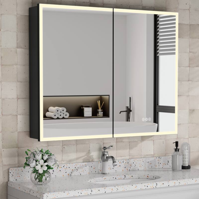 Kylo Aluminum LED Medicine Cabinet with Mirror, Dimmable, Anti-Fog, Recessed/Wall Mount - 36 in. W x 32 in. H