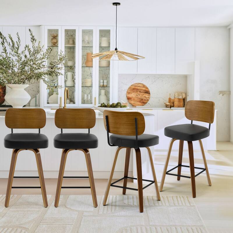 26" Swivel Upholstered Counter Height Bar Stool - 36.4" H x 17.1" W x 20" D - Set of 4 - Black