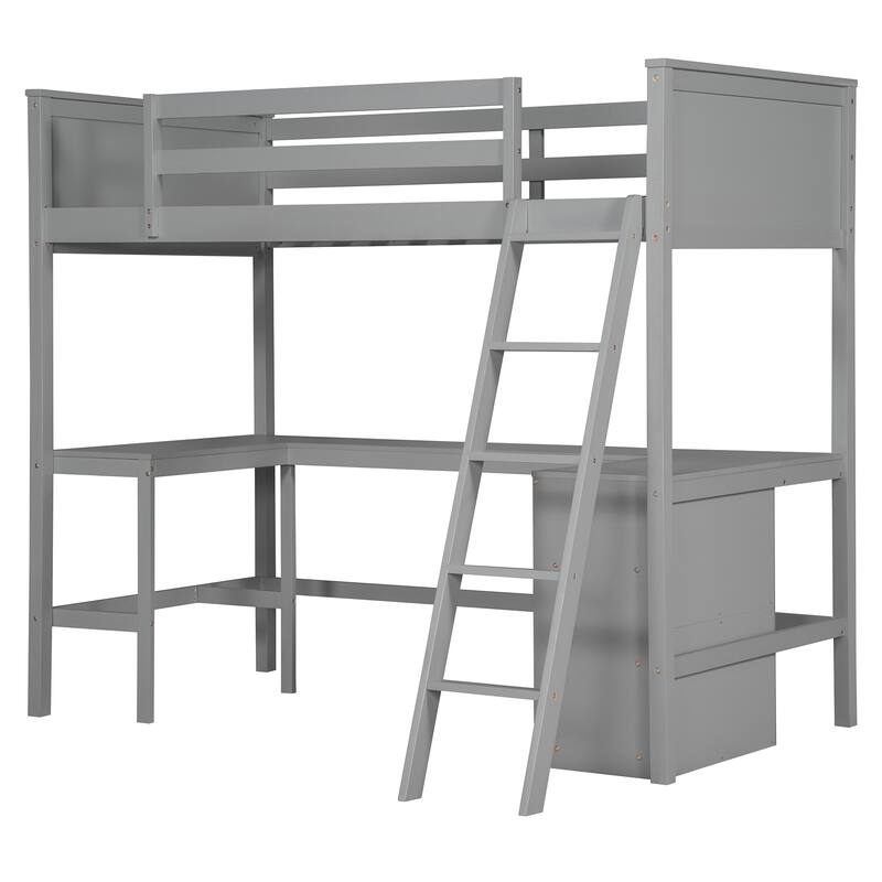 Space-Saving Twin Loft Bed with Desk and Shelves, Gray Finish