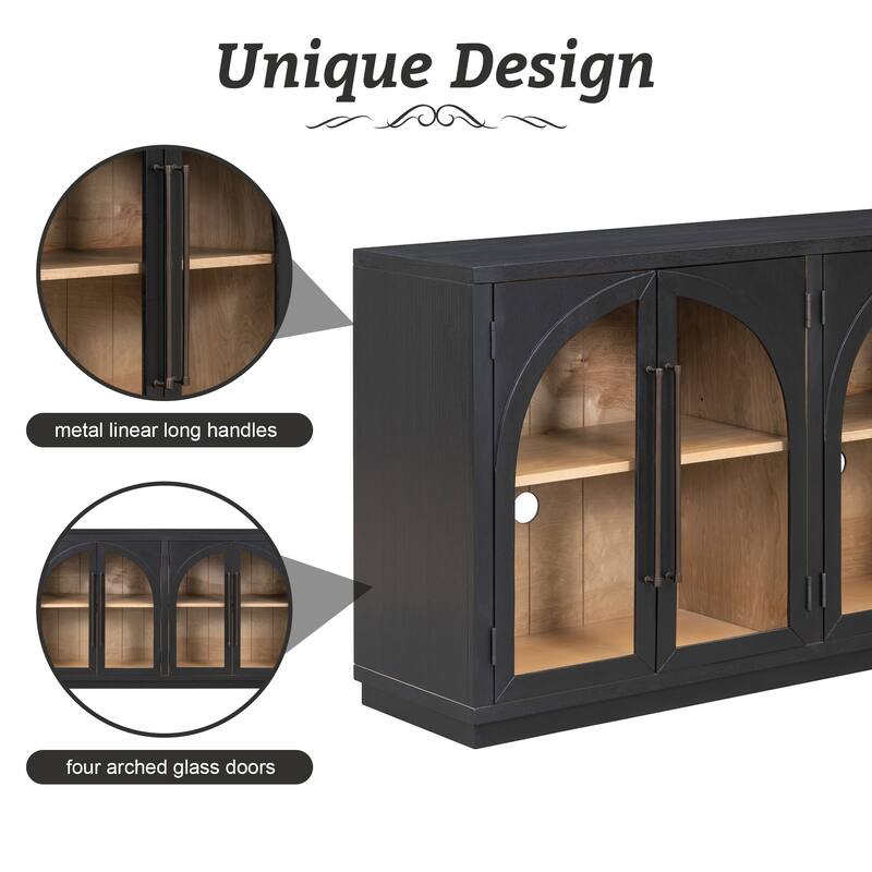 4-Door Large Storage Sideboard Buffet Cabinet with Glass Doors, Arched Cabinet with Adjustable Shelves