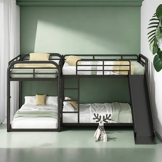 Full & Twin Size L-Shaped Bunk Bed with Slide & Short Ladder