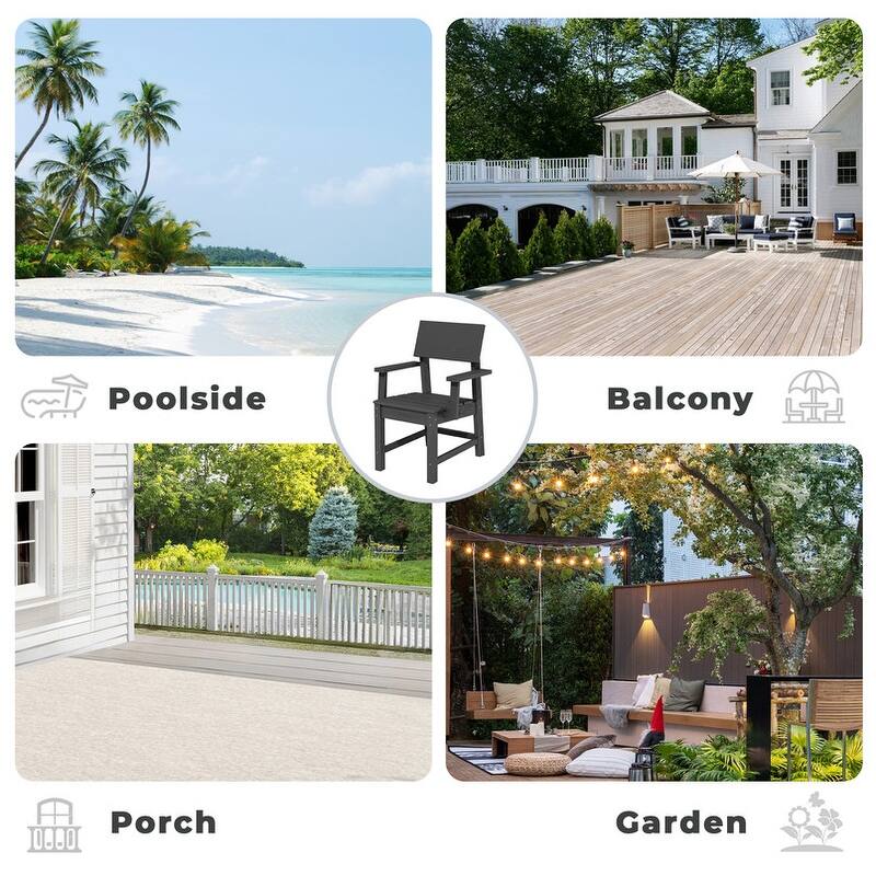 Set of 4 PE Outdoor Dining Armchairs with Wood Grain Finish, All-Weather, Smooth Armrest