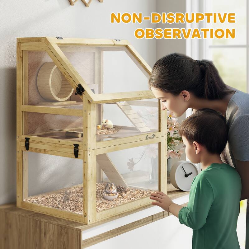 PawHut Wooden Hamster Cage, 3 Tier Small Animal Cage with Detachable 12.6" Deep Bottom, Hut, Seesaw, Exercise Wheel, Ramps