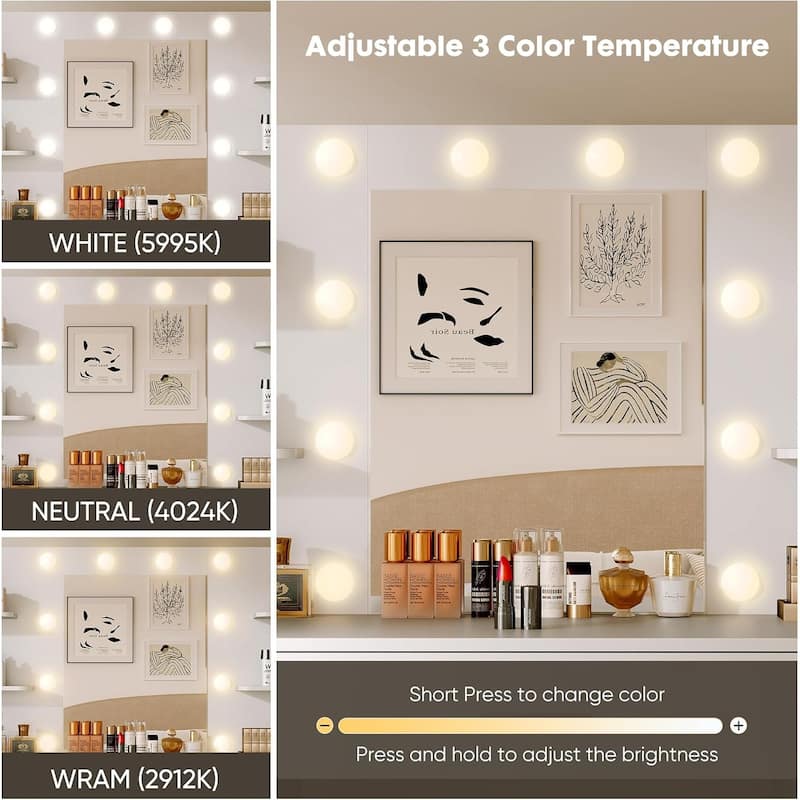 Vanity Desk with Mirror and Lights, Power Outlet & 11 Lights, Makeup Vanity Desk 3 Color Modes & Adjustable Brightness NEW