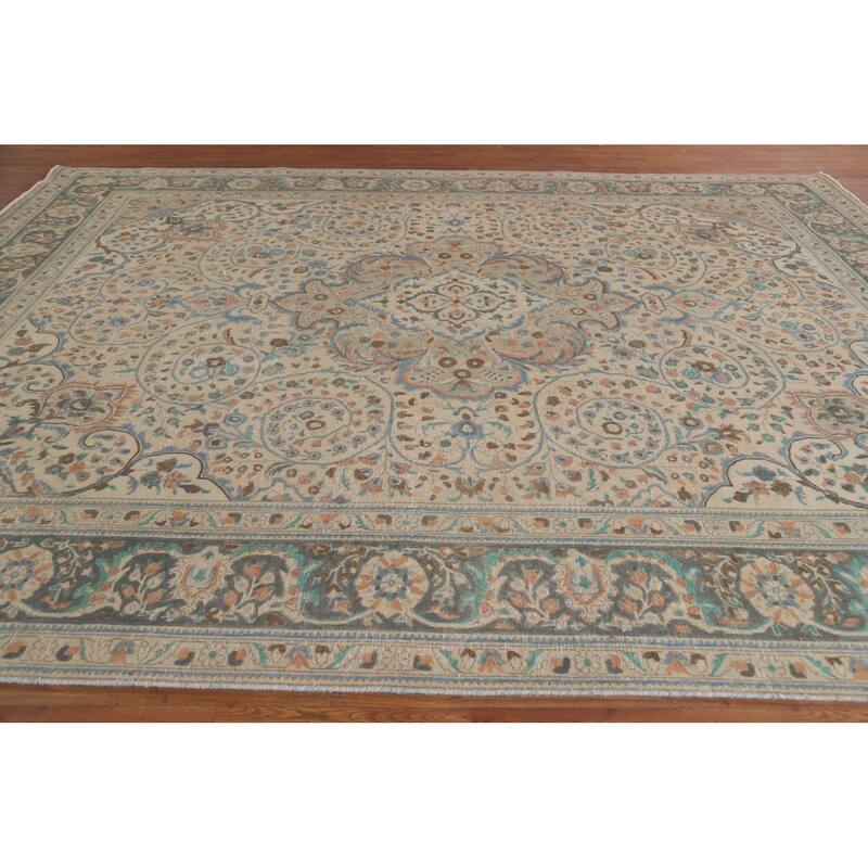 Hand Knotted Oriental 100% Wool Carpet Traditional Floral Beige & Ivories Tabriz Area Rug - 12' 3'' X 9' 8''