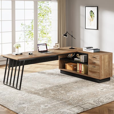 71 Inch Modern Executive Desk, L-Shaped Desk with Cabinet,Brown and White