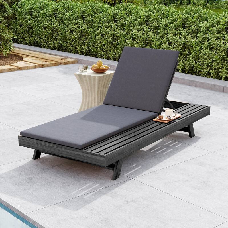 Outdoor Patio Acacia Wood Chaise Lounge Chair with Adjustable Backrest, Side Open Storage and Water-Repellent Cushions - 2" Dark Grey - 1pc Black