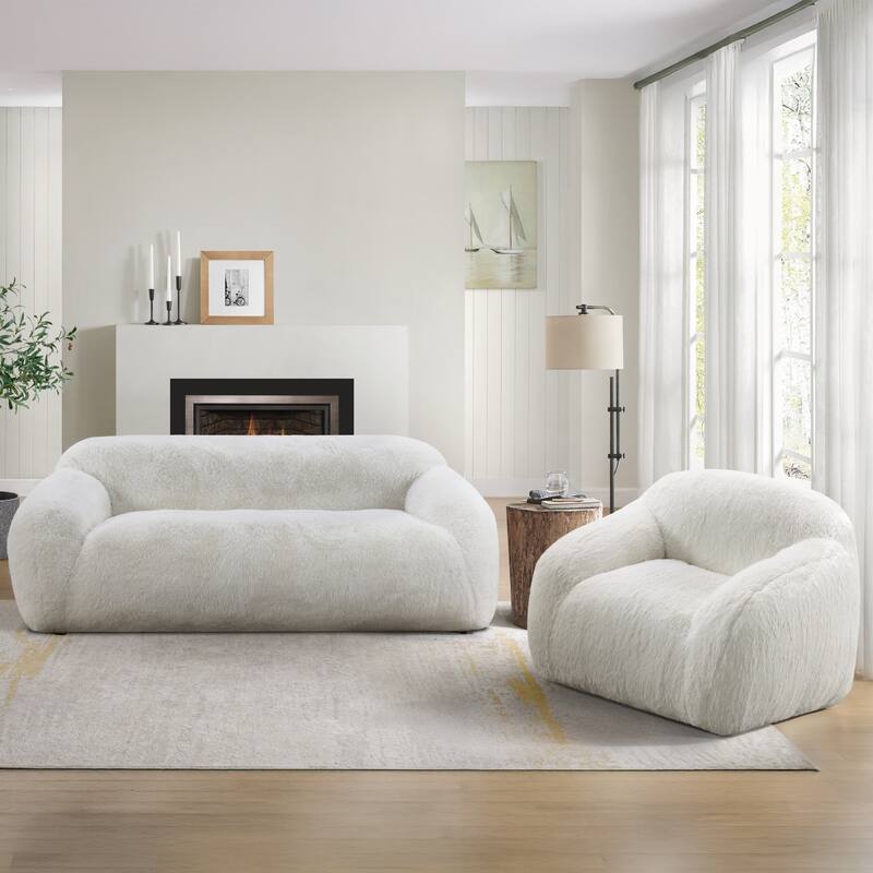 Roundhill Furniture Adell Polar Bear 2-Piece Living Room Set, Sofa and Swivel Chair - Ivory White