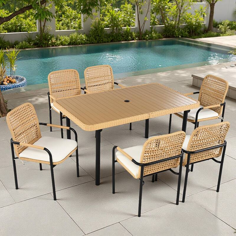7-Piece Outdoor Patio Rattan Dining Set with Umbrella Hole and Cushions - Beige