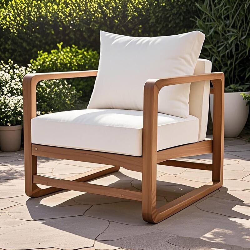 Roomfitters Acacia Wood Outdoor Club Chair with Oversized Seat and White Cushions