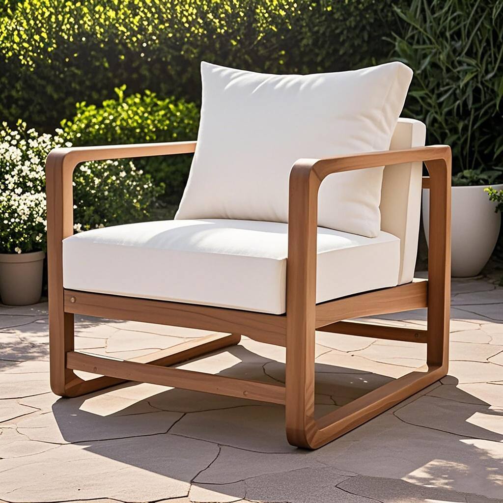 Roomfitters Acacia Wood Outdoor Club Chair with Oversized Seat and White Cushions