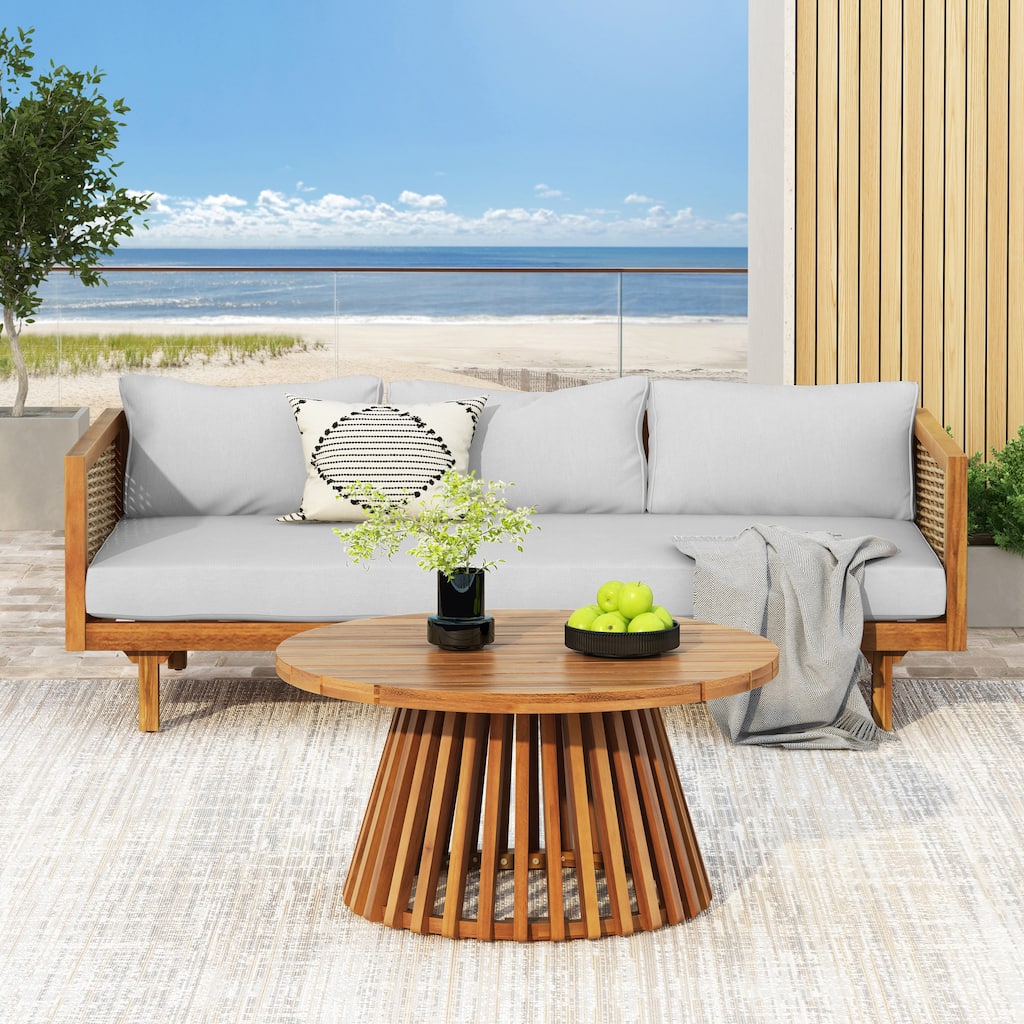 Outdoor Sofa Set with 3-Seater Sofa & Coffee Table, Light Grey Teak Patio Conversation Set for Poolside Backyard