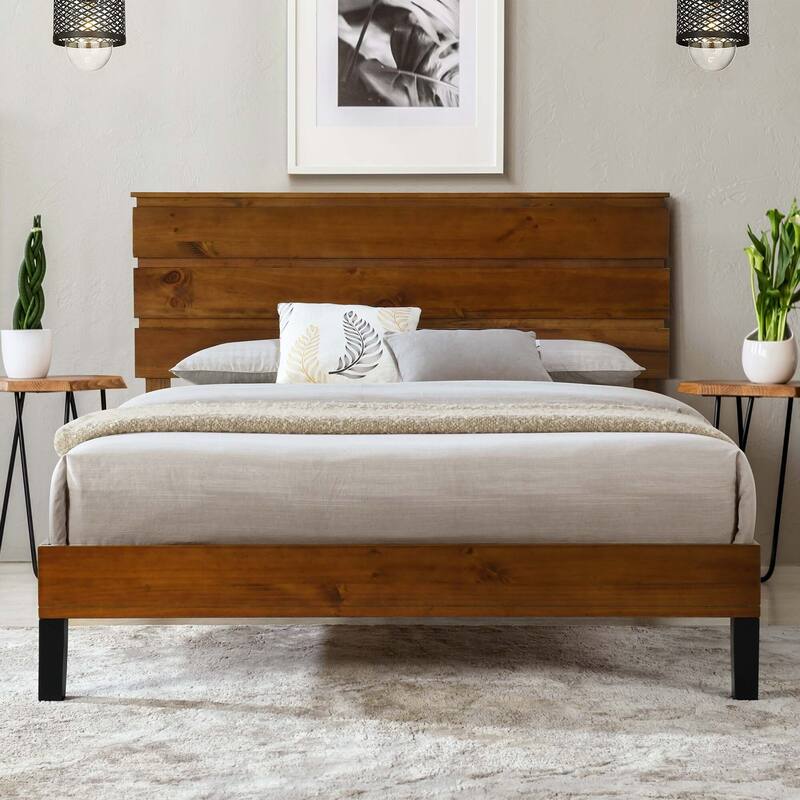 Brown Solid Wood Frame Platform Bed with Three-Piece Headboard Design - Queen