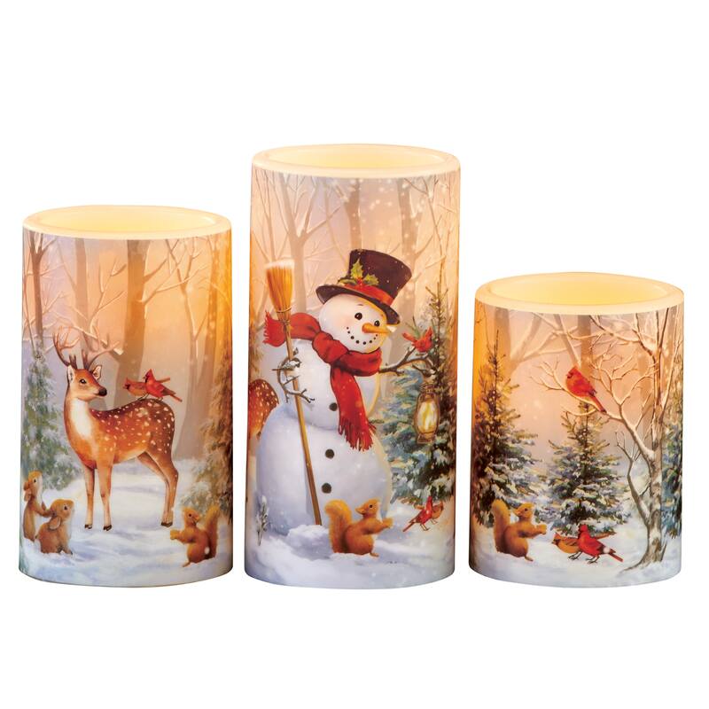 LED Lighted Winter Snowman and Friends Forest Scene 3-Piece Candle Set - 11.000 x 7.500 x 4.130