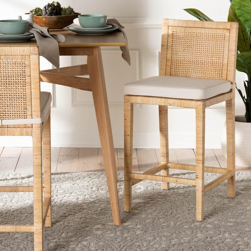 Sofia Rattan and Mahogany Wood Counter Stool