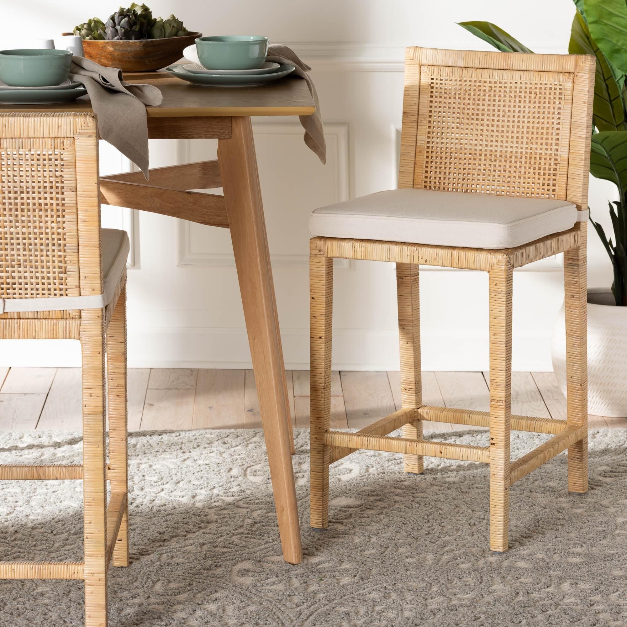 Sofia Rattan Counter Stool with Mahogany Wood Frame - Handwoven Wicker Counter Height Chair with Cushion, Coastal Boho Seating