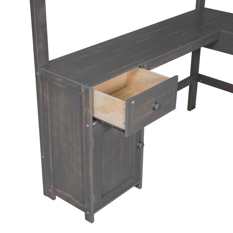 Roomfitters Full Size Wood Loft Bed with U-Shaped Desk, Drawers and Storage Shelves, Antique Brown