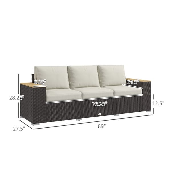 dimension image slide 0 of 3, Outsunny 3-Seat Patio Sofa with Cushions, PE Rattan Outdoor Couch with Wood Grain Wide Armrests for Porch