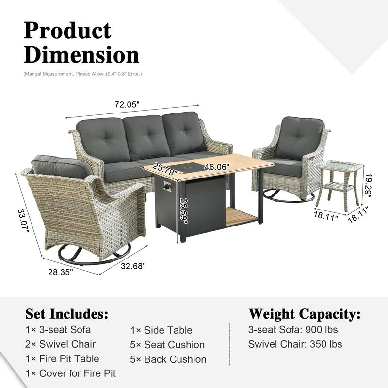 XIZZI 5-piece Patio Furniture Wicker Swivel Rocking Chair Set with Fire Pit
