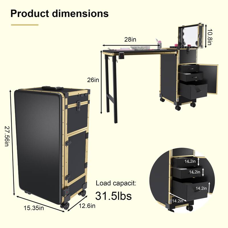 Portable Nail Art Table w/ LED Mirror, Bluetooth, Lockable Drawers, Telescopic Pole - Folding Manicure Station for Salons