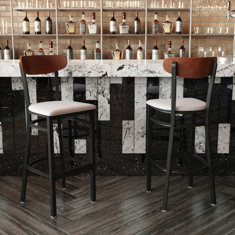 Commercial Metal Barstool with Wood Seat and Boomerang Back