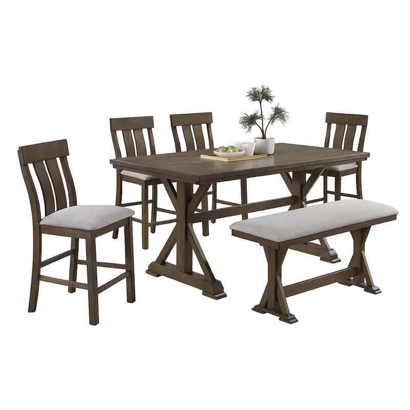 Omal Counter Height Dining Bench, Brown-Khaki Wood, Gray Fabric, 48 Inch