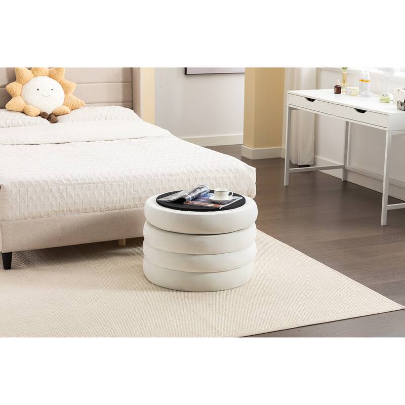 Velvet Round Ottoman with Storage, Footstool with Wooden Shelving, Multifunctional Round Vanity Stool for Makeup