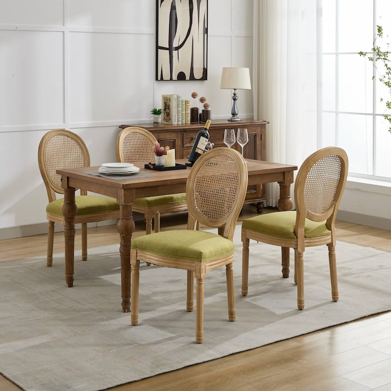 French Style Solid Wood Frame Antique Painting Linen Fabric Rattan Back Dining Chair,Set of 2