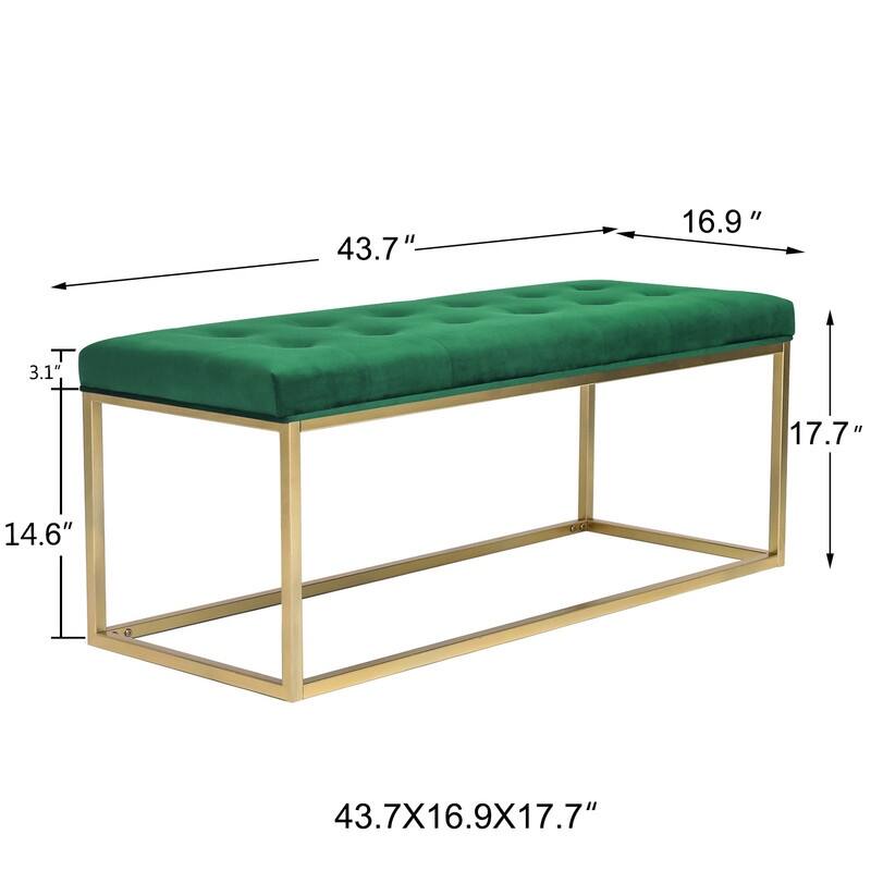 Adeco Green Upholstered Tufted Velvet Ottoman Bench,Golden Metal Base