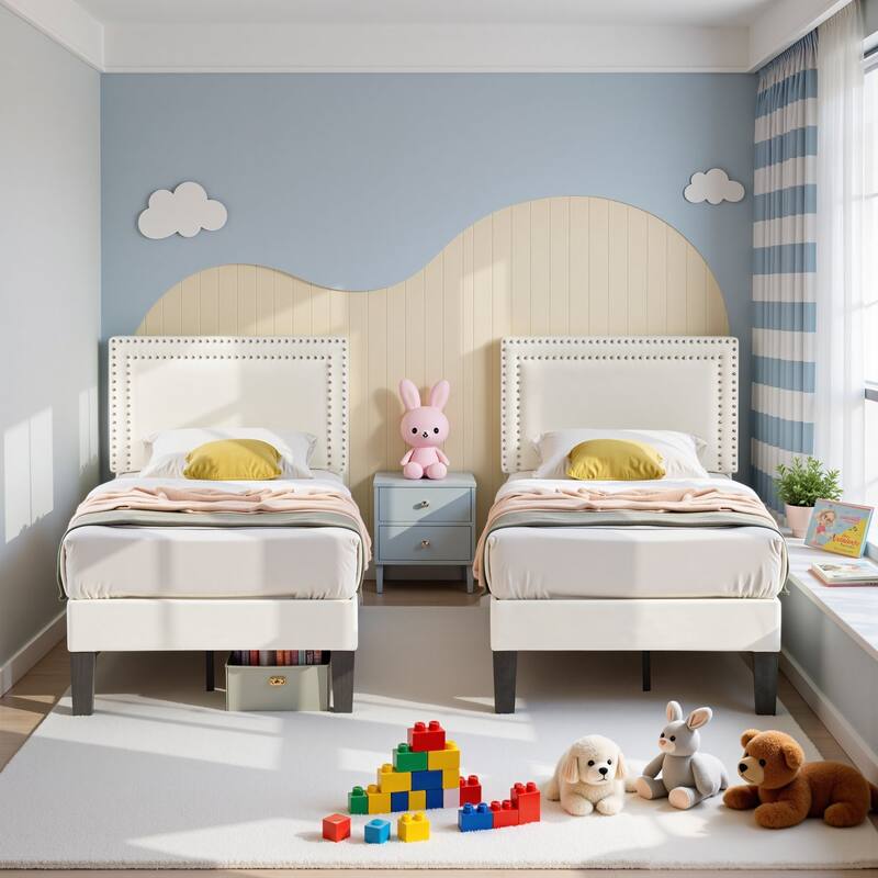 Set of 2 Upholstered Twin Size Platform Bed with Adjustable Headboard Double Riveted Headboard Twin Size Platform Bed